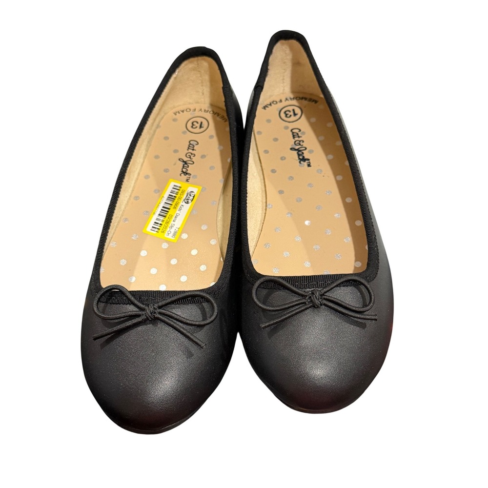 Cat & Jack Kids Diana Black Ballet Flats Memory Foam Bow Shoes Size 13